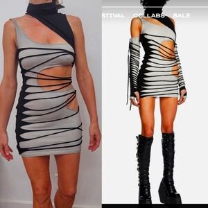 Nwt DUNE inspo darker waves bandage high neck gray w black sand dress M